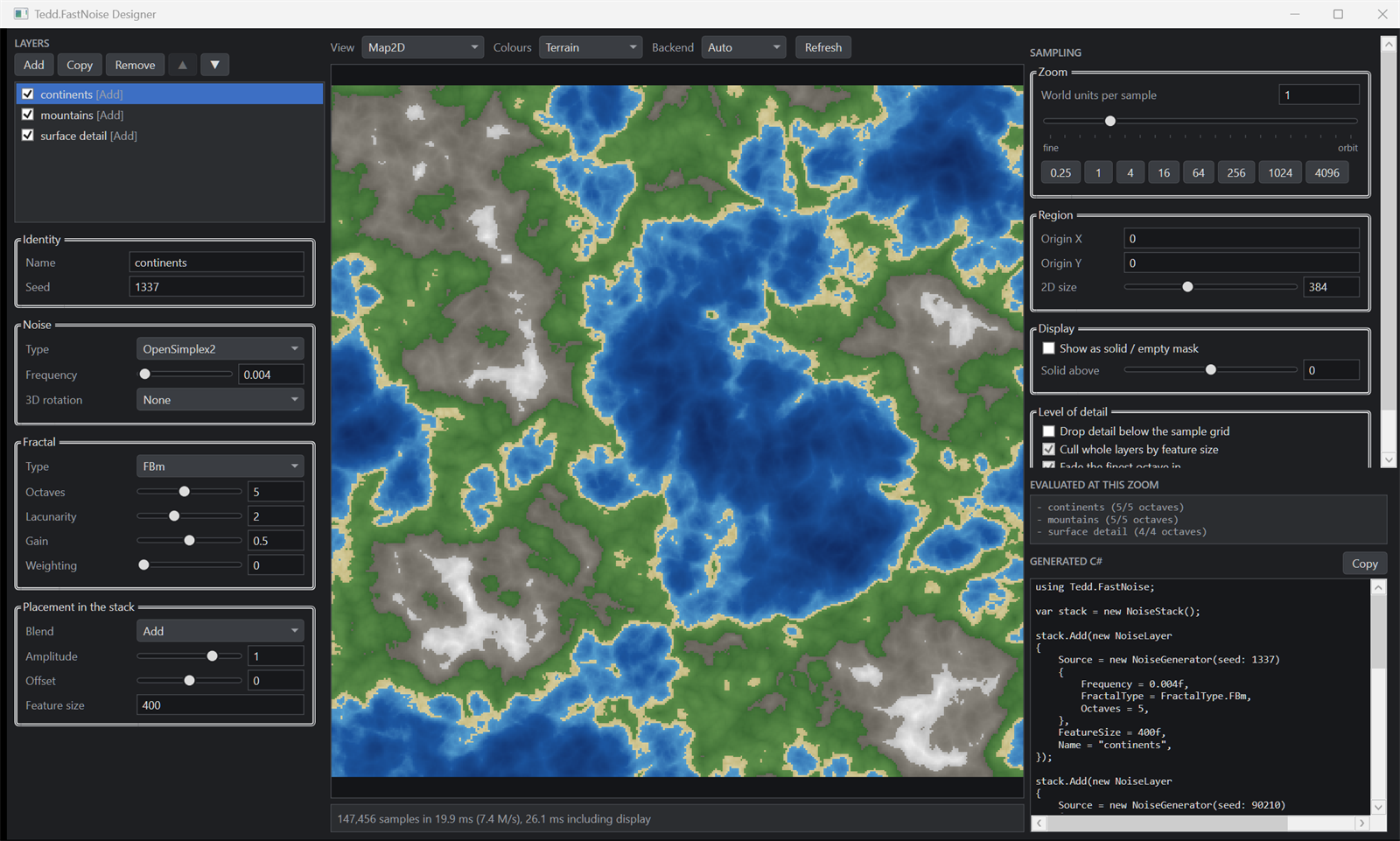 Tedd.FastNoise designer showing a terrain preview, layer controls, and generated C sharp