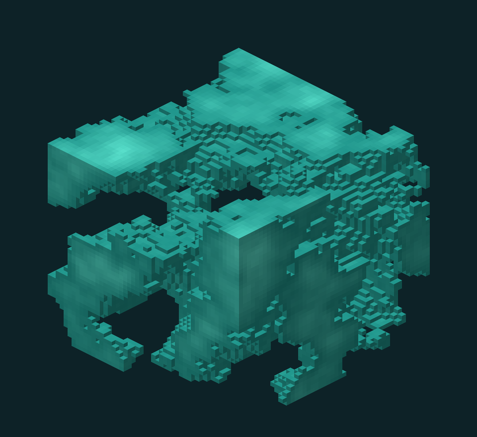 Isometric rendering of a thresholded 48 by 48 by 48 OpenSimplex2 noise volume